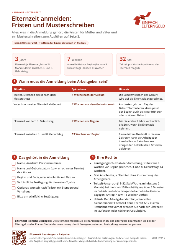 Erste Seite des Handouts „Elternzeit anmelden“ mit Fristen-Tabelle Erste Seite des Handouts „Elternzeit anmelden“ mit Fristen-Tabelle