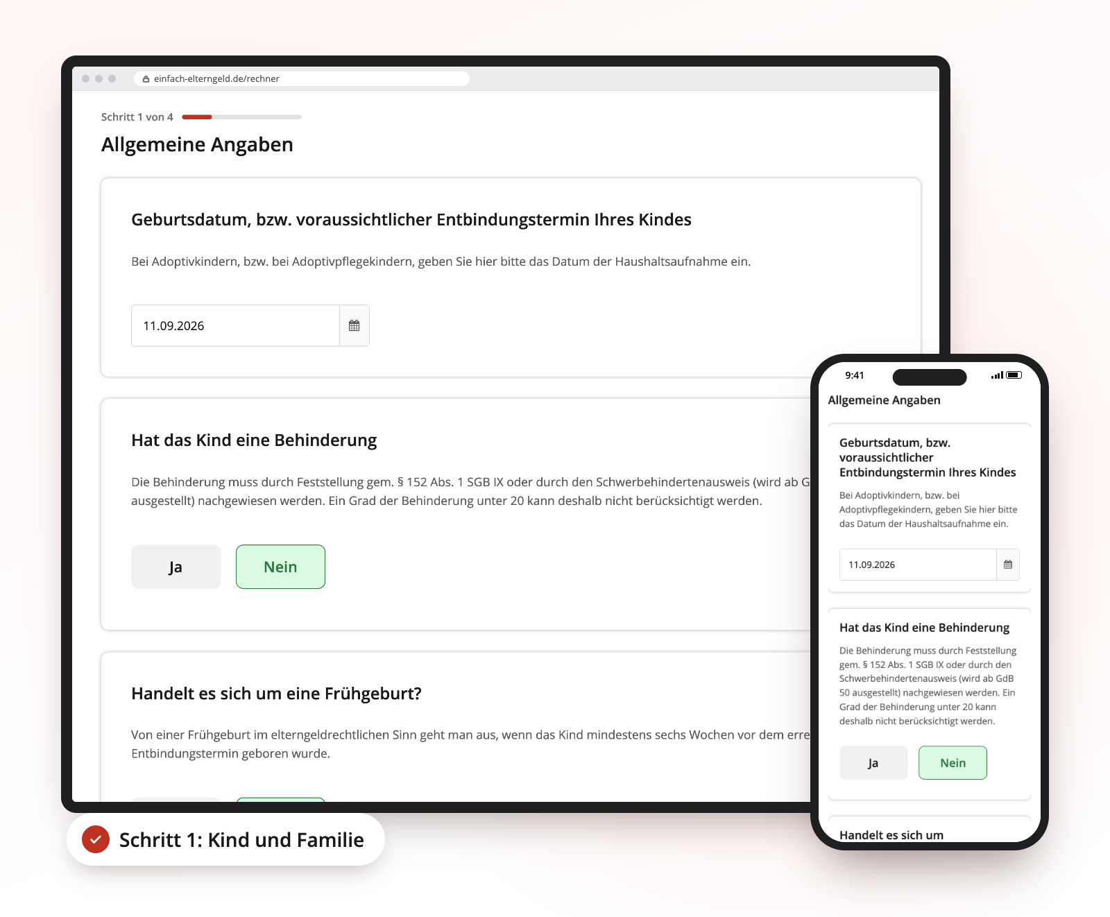 Elterngeldrechner - Schritt 1 - allgemeine Daten