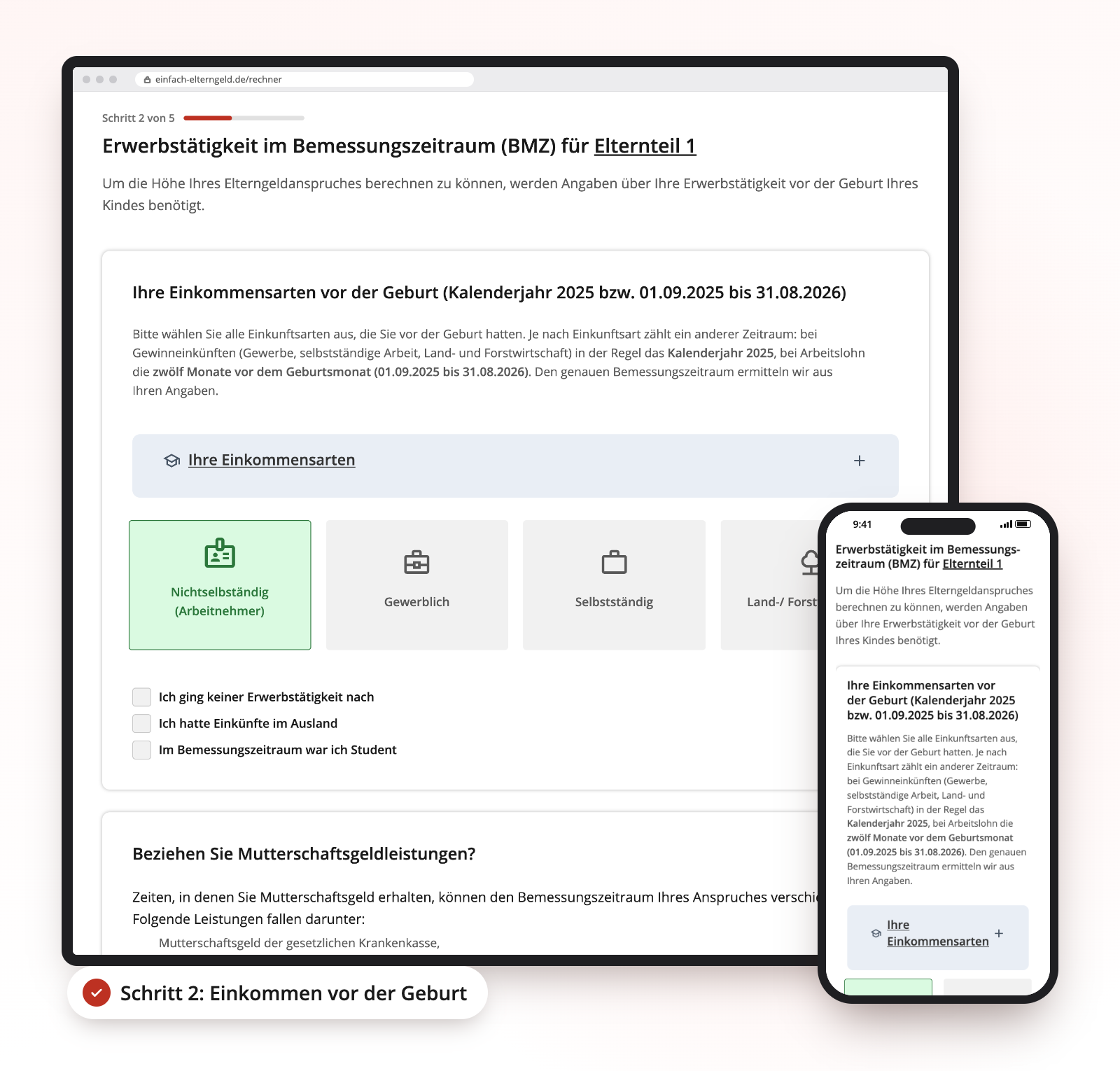 Elterngeldrechner - Schritt 2 - Einkommensangaben - Bemessungszeitraum