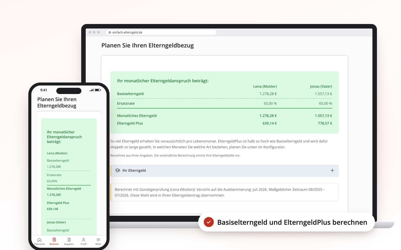 Parental allowance calculator by Einfach Elterngeld on laptop and phone: calculate parental allowance and plan the months