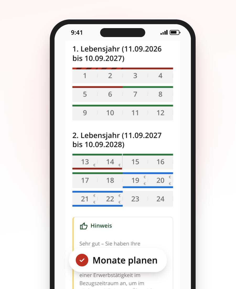 Monthly calendar in the parental allowance configurator with partnership bonus