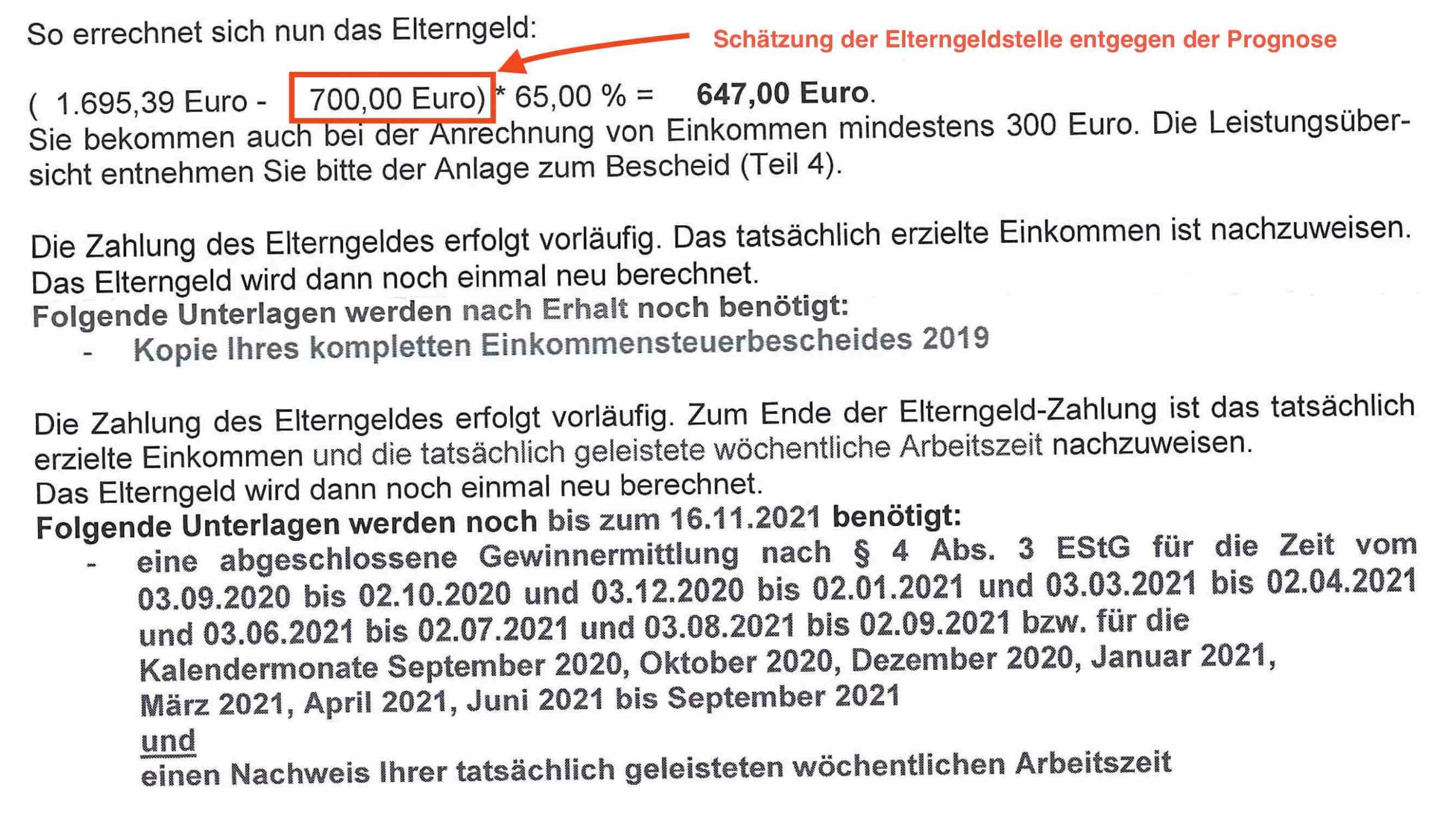 Schätzung von Gewinnen im Bezugszeitraum entgegen der Prognose im Elterngeldantrag