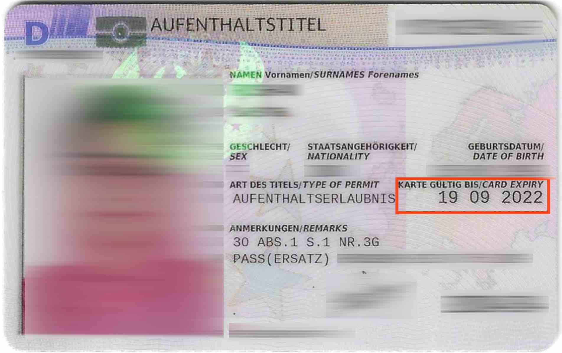 Muster eines Aufenthaltstitels, um die Gültigkeitsdatum zu finden.