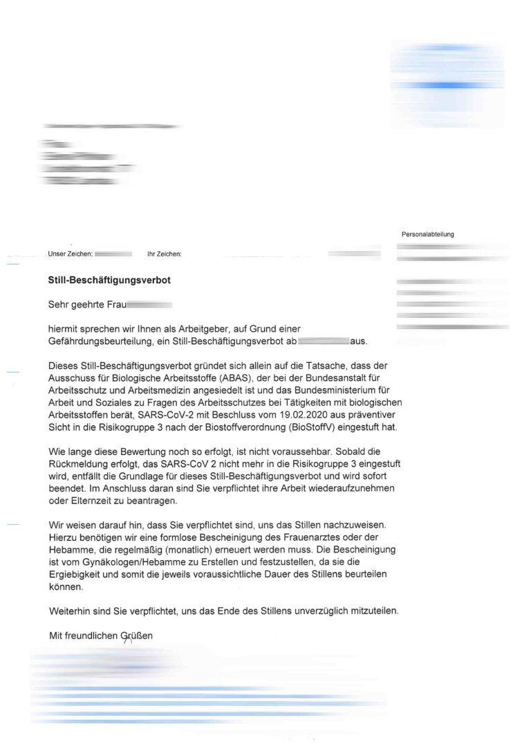 Still-Beschäftigungsverbot - formlose Bestätigung des Arbeitgebers